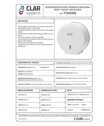 Dispenser de Hârtie Igienică CLAR Systems I-NOVA pentru Role Jumbo – Eficiență și Igienă într-un Design Modern