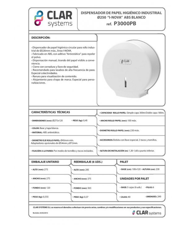 Dispenser de Hârtie Igienică CLAR Systems I-NOVA pentru Role Jumbo – Eficiență și Igienă într-un Design Modern