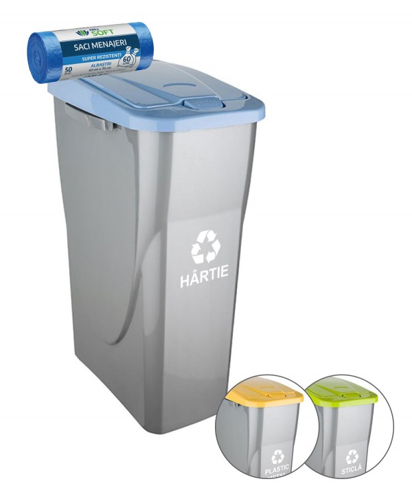 Acasa - - Coș de Gunoi cu Capac Albastru 25 Litri + 🎁 50 Saci Albaștri ArliSoft – Soluție eficientă pentru colectare hârtie și carton - arli.ro