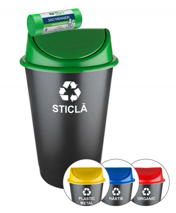 Acasa - - Cos de gunoi pt colectare selectiva deseuri din sticla, 60 litri, capac batant + 🎁 10 saci verzi ArliSoft 120 litri - arli.ro
