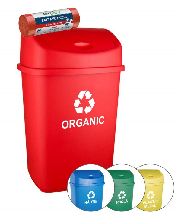 Acasa - - Cos de gunoi pt colectare selectiva deseuri organice, 55 litri, capac batant + 🎁 50 de saci rosii ArliSoft 60 litri gratuit - arli.ro