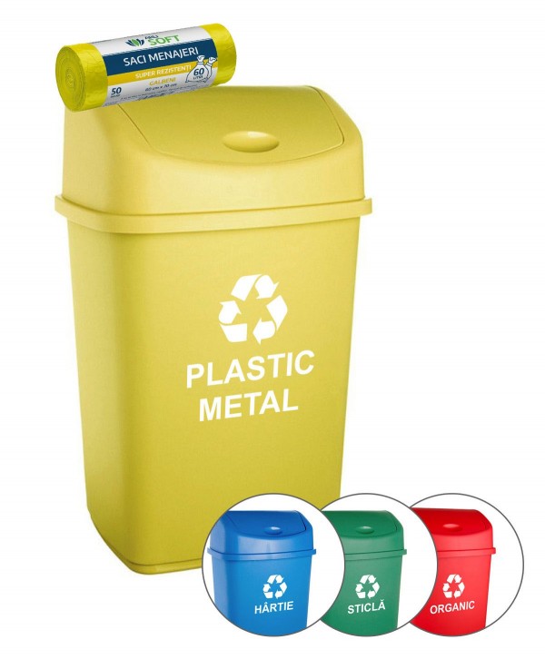 Acasa - - Cos de gunoi pt colectare selectiva deseuri din plastic, 55 litri, capac batant + 🎁 50 de saci galbeni ArliSoft 60 litri gratuit - arli.ro
