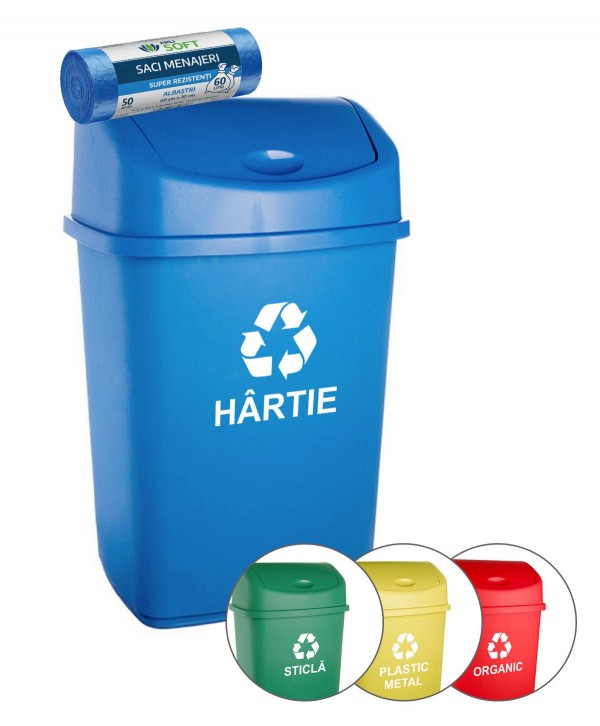  Acasa - - Cos de gunoi pt colectare selectiva deseuri din hartie, 55 litri, capac batant + 🎁 50 de saci albastri ArliSoft 60 litri gratuit - arli.ro
