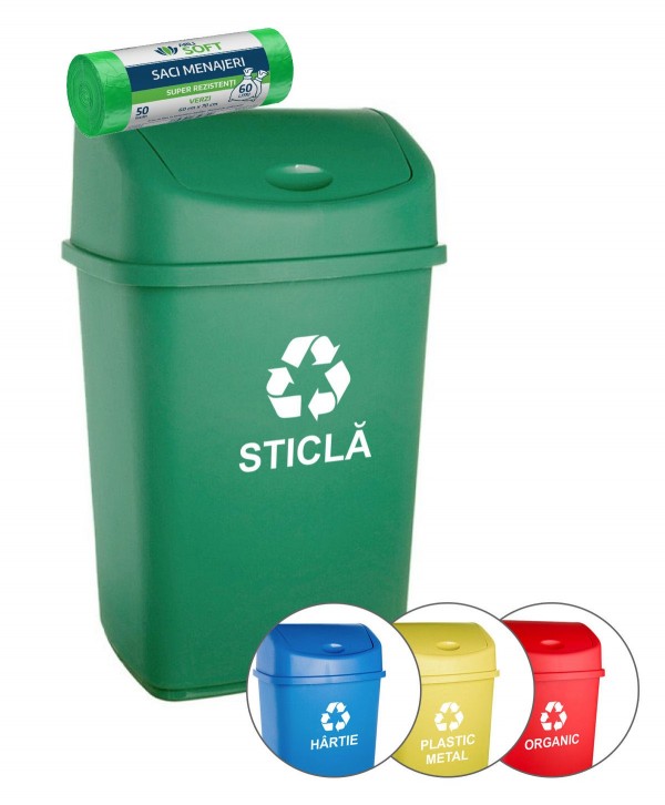 Acasa - - Cos de gunoi pt colectare selectiva deseuri din sticla, 55 litri, capac batant + 🎁 50 de saci verzi ArliSoft 60 litri gratuit - arli.ro