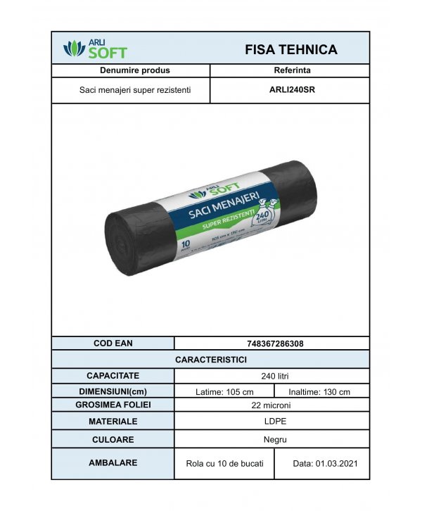 Saci Menajeri 240 Litri ArliSoft® 10 buc/rola - Super Rezistență și Capacitate Extinsă pentru Gestionarea Deșeurilor Mari Saci Menajeri 240 Litri ArliSoft® 10 buc/rola - Super Rezistență și Capacitate Extinsă pentru Gestionarea Deșeurilor Mari