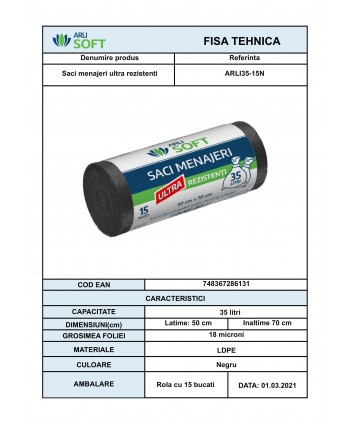 🏆 Saci Menajeri 35 Litri ArliSoft® 15 buc/rola Ultra Rezistenți – Performanță și Durabilitate pentru Gestionarea Deșeurilor