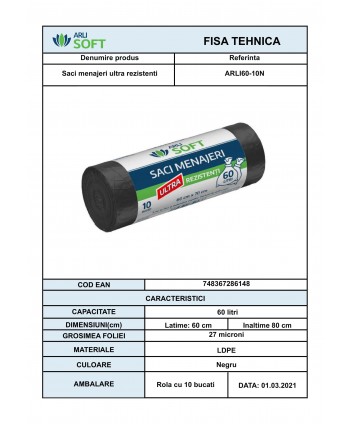 🏆 Saci Menajeri 60 Litri ArliSoft® 10 buc/rola Ultra Rezistenți – Soluția Ideală pentru Deșeuri Voluminoase si Grele