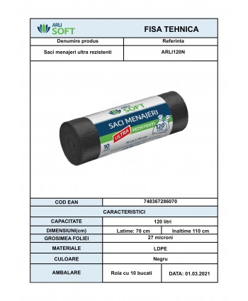 🏆 Saci Menajeri 120 Litri ArliSoft® 10 buc/rola Ultra Rezistenți – Capacitate și Durabilitate pentru Deșeuri Voluminoase