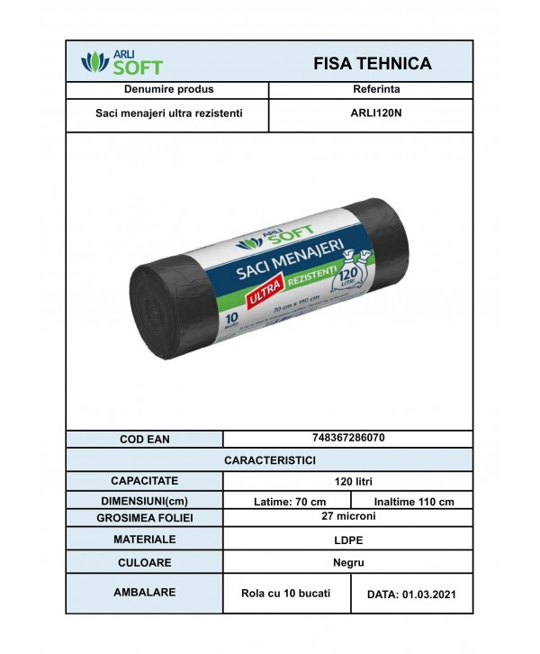 🏆 Saci Menajeri 120 Litri ArliSoft® 10 buc/rola Ultra Rezistenți – Capacitate și Durabilitate pentru Deșeuri Voluminoase 🏆 Saci Menajeri 120 Litri ArliSoft® 10 buc/rola Ultra Rezistenți – Capacitate și Durabilitate pentru Deșeuri Voluminoase