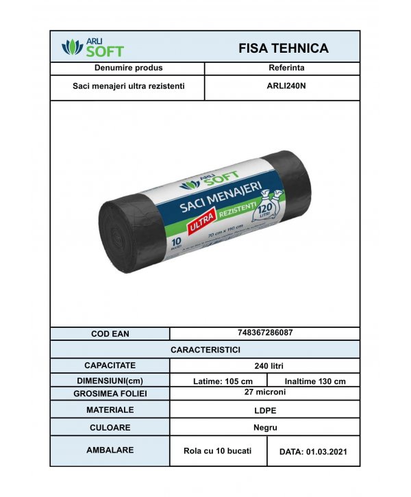 🏆 Saci Menajeri 240 Litri ArliSoft® 10 buc/rola Ultra Rezistenți – Capacitate Maximă și Durabilitate pentru Deșeuri Mari 🏆 Saci Menajeri 240 Litri ArliSoft® 10 buc/rola Ultra Rezistenți – Capacitate Maximă și Durabilitate pentru Deșeuri Mari