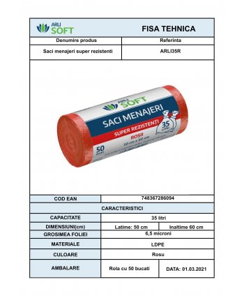 Saci Menajeri Roșii 🔴 35 Litri ArliSoft® 50 buc/rola – Super Rezistenți pentru Colectarea Selectivă a Deșeurilor Organice