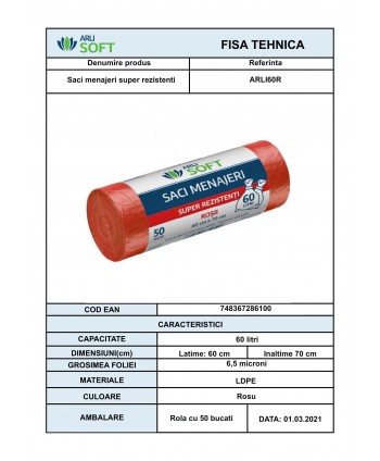 Saci Menajeri Roșii 🔴 60 Litri ArliSoft® 50 buc/rola – Super Rezistenți pentru Colectarea Selectivă a Deșeurilor Organice