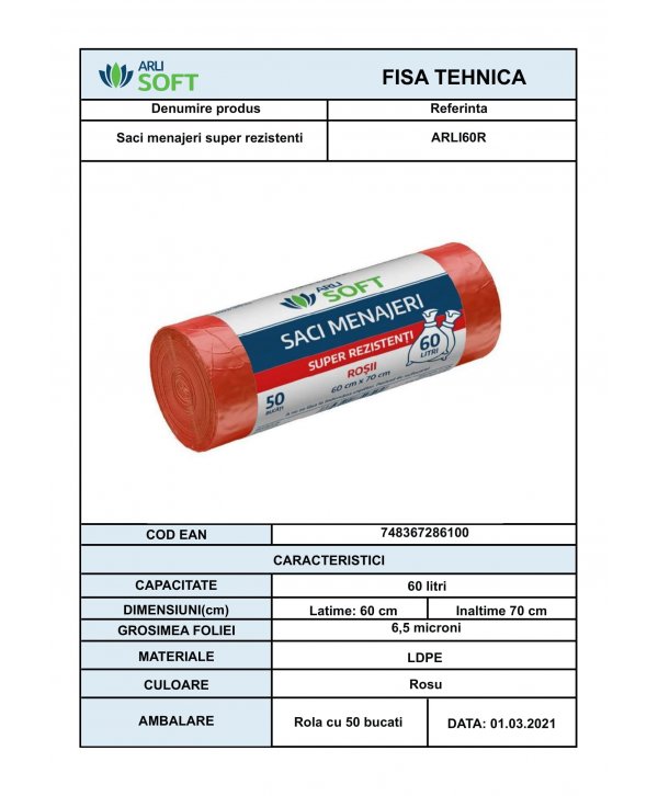 Saci Menajeri Roșii 🔴 60 Litri ArliSoft® 50 buc/rola – Super Rezistenți pentru Colectarea Selectivă a Deșeurilor Organice
