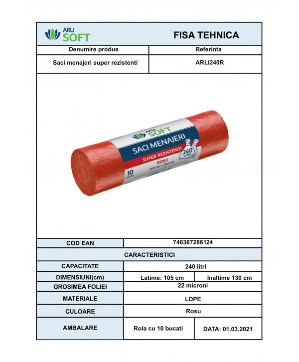 Saci Menajeri Roșii 🔴 240 Litri ArliSoft® 10 buc/rola – Super Rezistenți pentru Colectarea Selectivă a Deșeurilor Organice