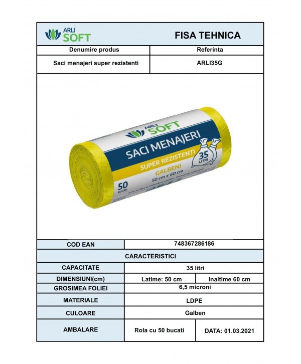 Saci Menajeri Galbeni 🟡 35 Litri ArliSoft® 50 buc/rola – Super Rezistenți pentru Colectarea Selectivă a Deșeurilor Saci Menajeri Galbeni 🟡 35 Litri ArliSoft® 50 buc/rola – Super Rezistenți pentru Colectarea Selectivă a Deșeurilor