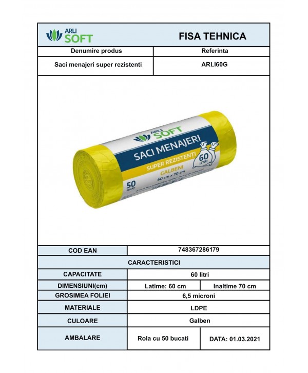 Saci Menajeri Galbeni 🟡 60 Litri ArliSoft® 50 buc/rola – Super Rezistenți pentru Colectarea Selectivă a Deșeurilor Saci Menajeri Galbeni 🟡 60 Litri ArliSoft® 50 buc/rola – Super Rezistenți pentru Colectarea Selectivă a Deșeurilor