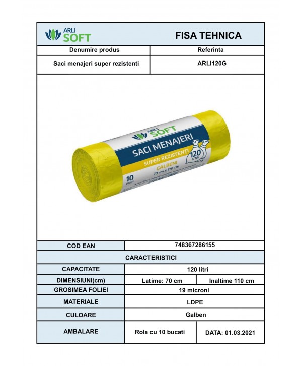 Saci Menajeri Galbeni 🟡 120 Litri ArliSoft® 10 buc/rola – Super Rezistenți pentru Colectarea Selectivă a Deșeurilor Saci Menajeri Galbeni 🟡 120 Litri ArliSoft® 10 buc/rola – Super Rezistenți pentru Colectarea Selectivă a Deșeurilor
