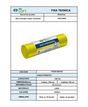 Saci Menajeri Galbeni 🟡 240 Litri ArliSoft® 10 buc/rola – Super Rezistenți pentru Colectarea Selectivă a Deșeurilor