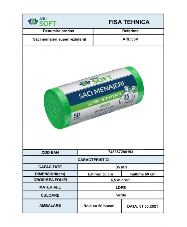 Saci Menajeri Verzi 🟢 35 Litri ArliSoft® 50 buc/rola – Super Rezistenți pentru Colectarea Selectivă a Deșeurilor Saci Menajeri Verzi 🟢 35 Litri ArliSoft® 50 buc/rola – Super Rezistenți pentru Colectarea Selectivă a Deșeurilor