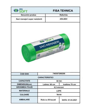 Saci Menajeri Verzi 🟢 60 Litri ArliSoft® 50 buc/rola – Super Rezistenți pentru Colectarea Selectivă a Deșeurilor