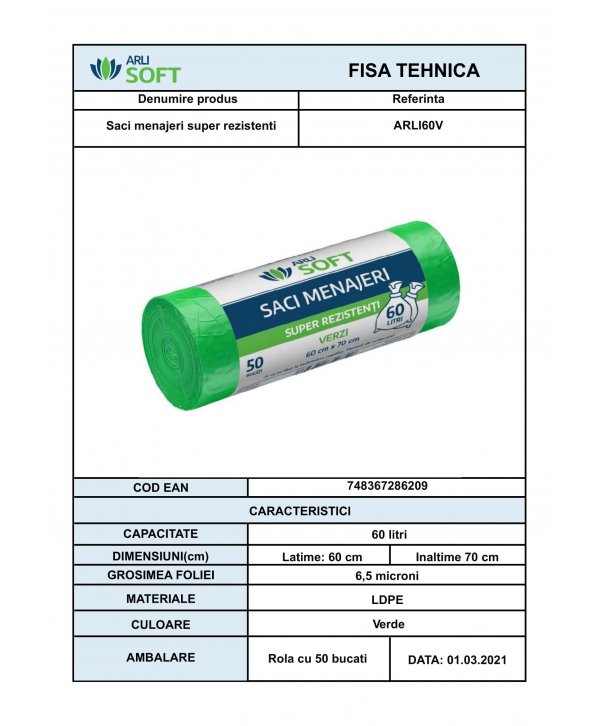 Saci Menajeri Verzi 🟢 60 Litri ArliSoft® 50 buc/rola – Super Rezistenți pentru Colectarea Selectivă a Deșeurilor