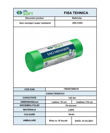 Saci Menajeri Verzi 🟢 120 Litri ArliSoft® 10 buc/rola – Super Rezistenți pentru Colectarea Selectivă a Deșeurilor