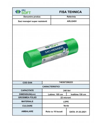 Saci Menajeri Verzi 🟢 240 Litri ArliSoft® 10 buc/rola – Super Rezistenți pentru Colectarea Selectivă a Deșeurilor