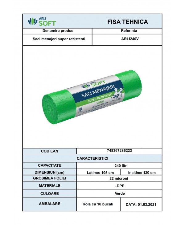 Saci Menajeri Verzi 🟢 240 Litri ArliSoft® 10 buc/rola – Super Rezistenți pentru Colectarea Selectivă a Deșeurilor