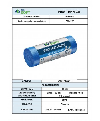 Saci Menajeri Albaștri 🔵 60 Litri ArliSoft® 50 buc/rola – Super Rezistenți pentru Colectarea Selectivă a Deșeurilor