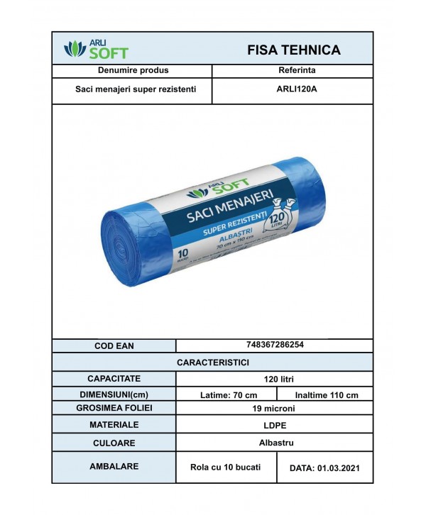 Saci Menajeri Albaștri 🔵 120 Litri ArliSoft® 10 buc/rola – Super Rezistenți pentru Colectarea Selectivă a Deșeurilor Saci Menajeri Albaștri 🔵 120 Litri ArliSoft® 10 buc/rola – Super Rezistenți pentru Colectarea Selectivă a Deșeurilor