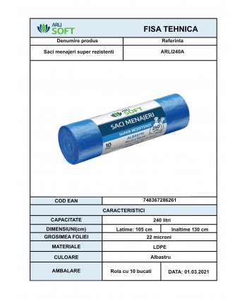 Saci Menajeri Albaștri 🔵 240 Litri ArliSoft® 10 buc/rola – Super Rezistenți pentru Colectarea Selectivă a Deșeurilor
