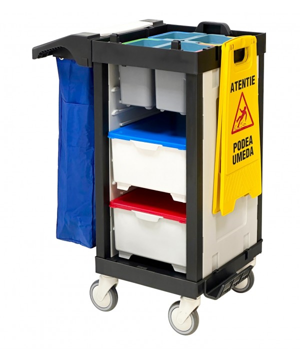Acasa - - Carucior pentru spitale M22s cu 4 galeti de 5L pentru lavete, 2 cutii cu capace, sac de 60L, ideal pt saloane si spatii mici - arli.ro