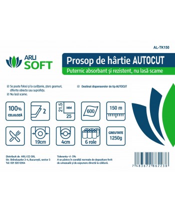 Prosoape de Hartie pentru Stergeri Grele 🏆 Autocut ArliSoft®, 2 str. celuloza, 150 metri, 1250 grame, 600 portii, pachet 6 role