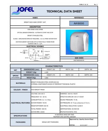 Uscator de maini Jofel AVE inox lucios – antivandal, HEPA, zone umede