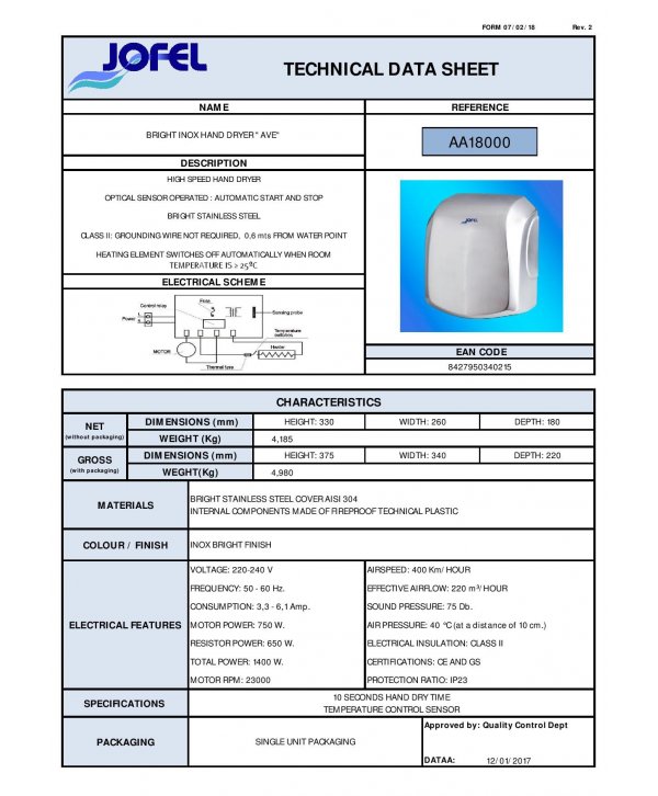 Uscator de maini Jofel AVE inox lucios – antivandal, HEPA, zone umede
