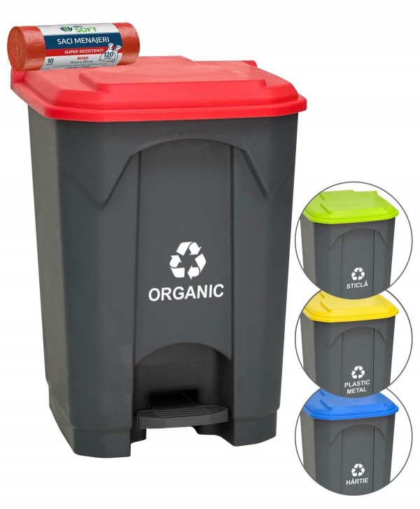 Acasa - - Pubela de gunoi cu pedala pt colectare selectiva deseuri organice, 45 litri + 🎁 10 saci rosii ArliSoft 120 litri - arli.ro