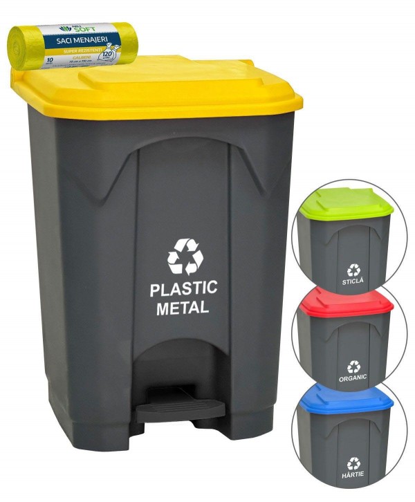 Acasa - - Pubela de gunoi cu pedala pt colectare selectiva deseuri din plastic, 45 litri + 🎁 10 saci galbeni ArliSoft 120 litri - arli.ro