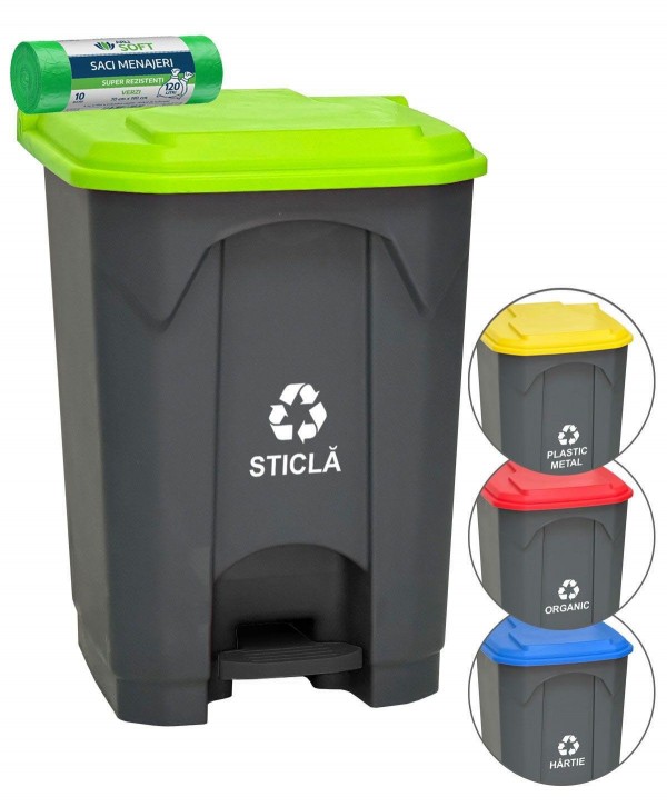 Acasa - - Pubela de gunoi cu pedala pt colectare selectiva deseuri din sticla, 45 litri + 🎁 10 saci verzi ArliSoft 120 litri - arli.ro