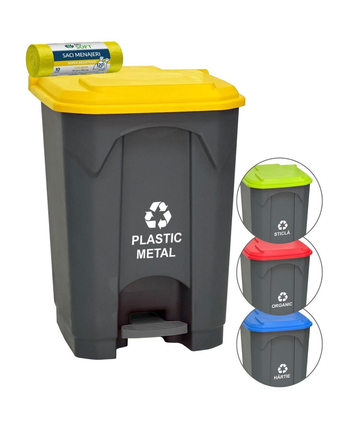 Pubela de gunoi cu pedala pt colectare selectiva deseuri din plastic, 68 litri + 10 saci galbeni ArliSoft 120 litri
