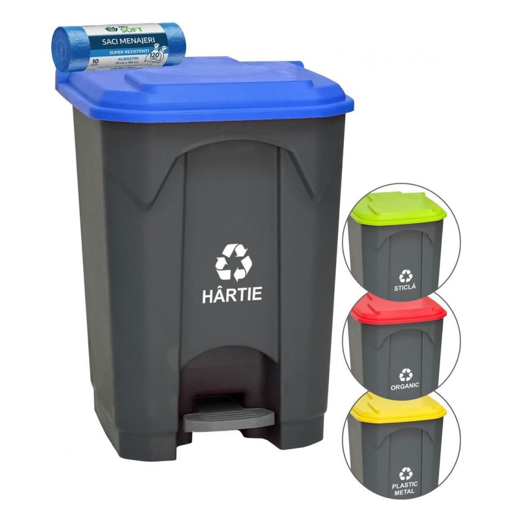 Pubela de gunoi cu pedala pt colectare selectiva deseuri din hartie, 68 litri + 10 saci albastri ArliSoft 120 litri