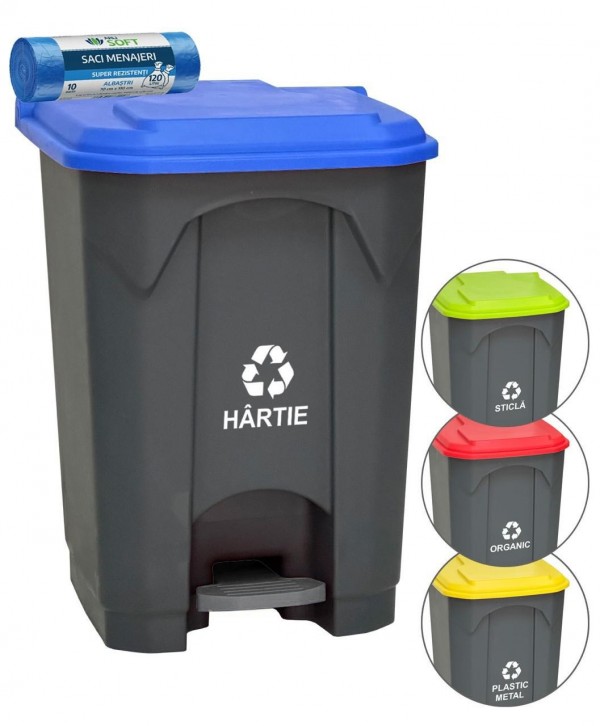 Acasa - - Pubela de gunoi cu pedala pt colectare selectiva deseuri din hartie, 68 litri + 🎁 10 saci albastri ArliSoft 120 litri - arli.ro