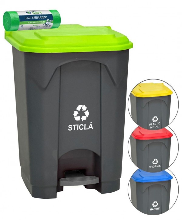 Acasa - - Pubela de gunoi cu pedala pt colectare selectiva deseuri din sticla, 68 litri + 🎁 10 saci verzi ArliSoft 120 litri - arli.ro