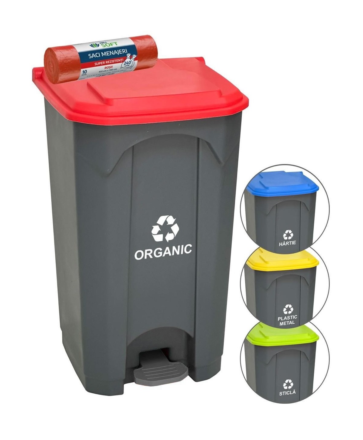 Pubela de gunoi cu pedala pt colectare selectiva deseuri organice, 87 litri + 10 saci rosii ArliSoft 240 litri
