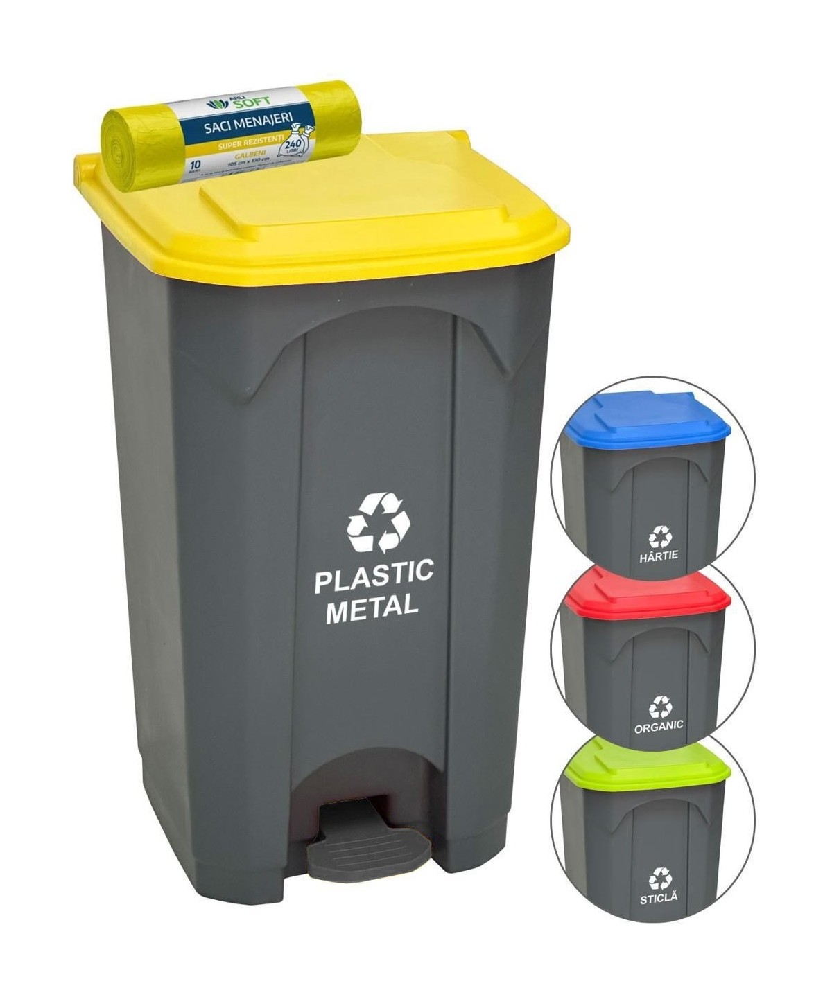 Pubela de gunoi cu pedala pt colectare selectiva deseuri din plastic, 87 litri + 10 saci galbeni ArliSoft 240 litri
