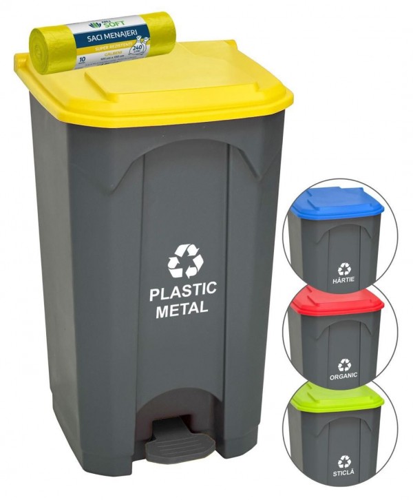Acasa - - Pubela de gunoi cu pedala pt colectare selectiva deseuri din plastic, 87 litri + 🎁 10 saci galbeni ArliSoft 240 litri - arli.ro