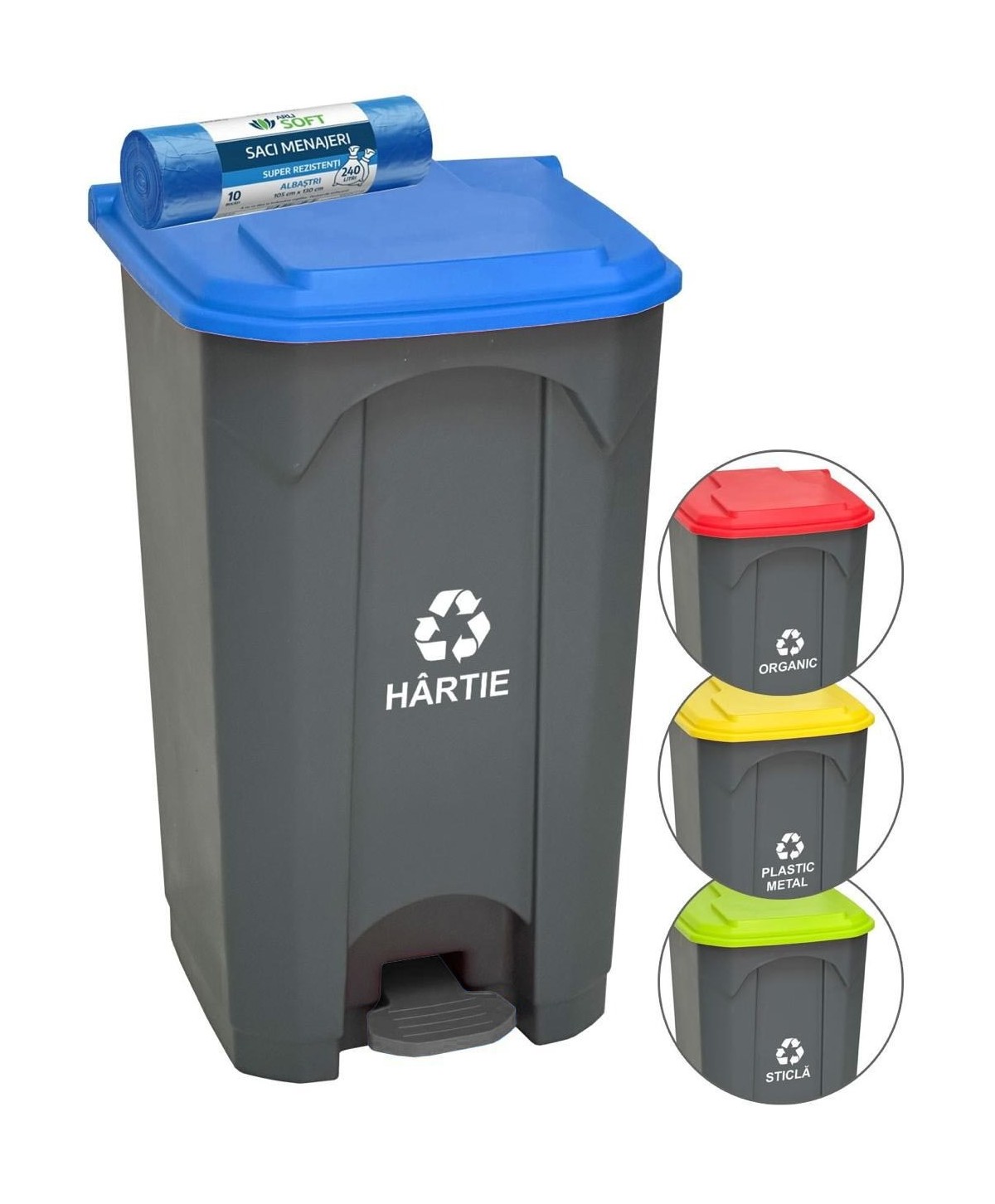 Pubela de gunoi cu pedala pt colectare selectiva deseuri din hartie, 87 litri + 10 saci albastri ArliSoft 240 litri
