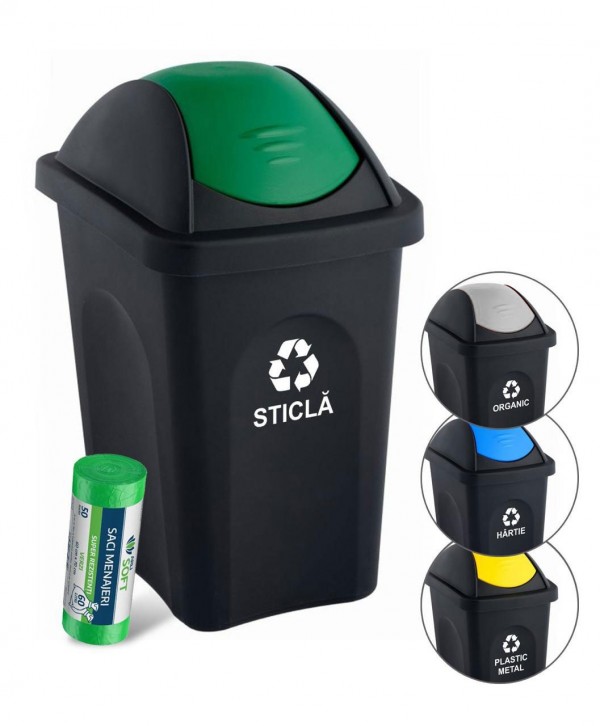  Acasa - - Coș de gunoi pt colectare selectiva deseuri din sticla, 30 litri, capac batant + 🎁 50 saci verzi ArliSoft 60 litri - arli.ro