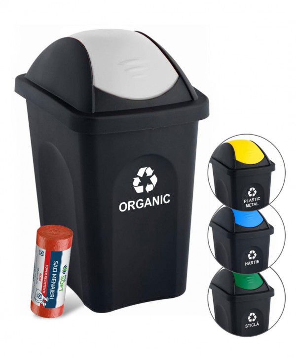 Acasa - - Coș de gunoi pt colectare selectiva deseuri organice, 30 litri, capac batant + 🎁 50 saci rosii ArliSoft 60 litri - arli.ro