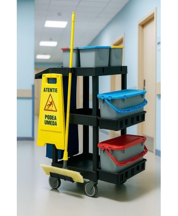  Acasa - Cărucior Profesional de Curățenie ArliPlus® M707 – Echipare Superioară cu 6 Găleți și Capacitate Extinsă - arli.ro