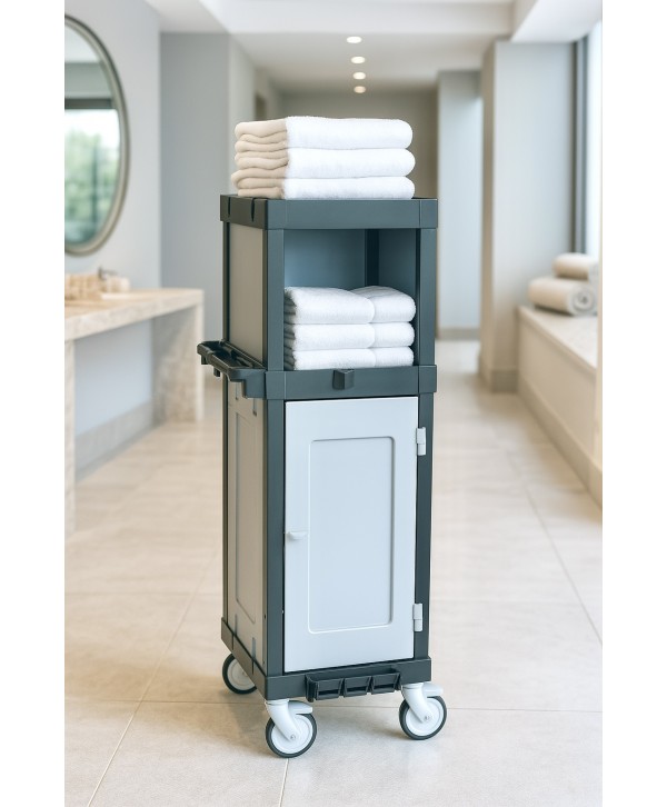  Carucioare pentru cameriste - - Cărucior Hotelier 🏨 pentru Housekeeping ArliPlus® M910 – Compact, Eficient și Sustenabil - arli.ro